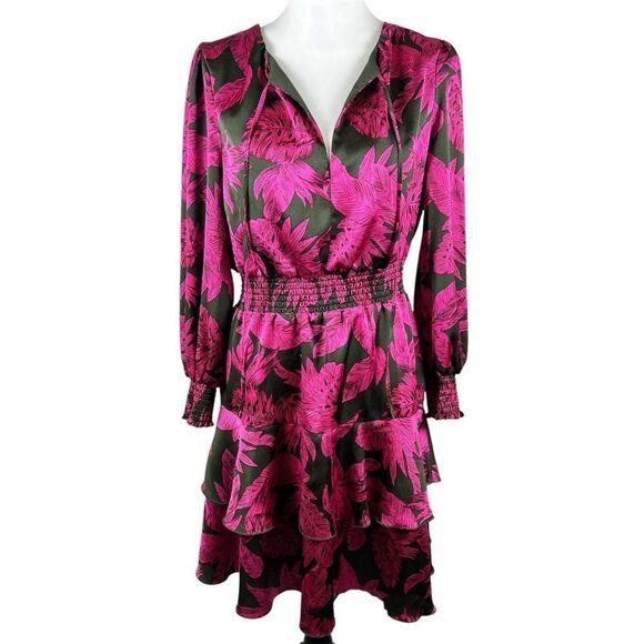 Sam Edelman Tropical Dress Pink Black Floral Smocked Waist Tiered Long Sleeve M - Picture 1 of 14